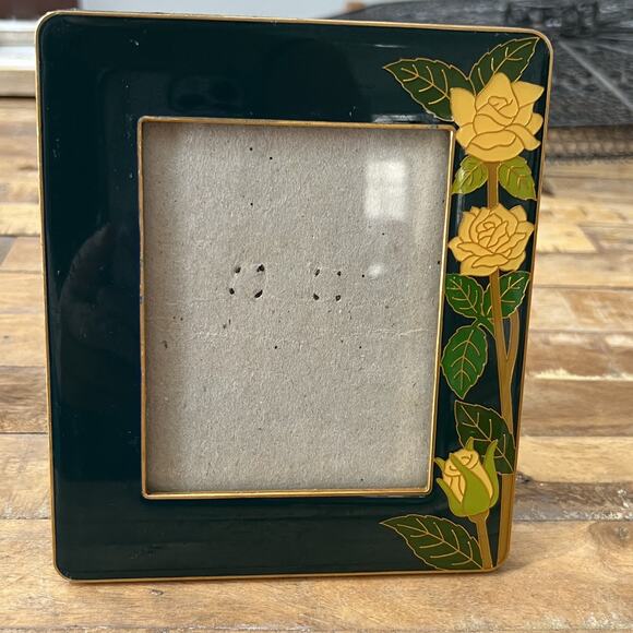 Vintage MCM Enamel Photo Frame Dark Green Yellow Roses With Gold Border Retro - Picture 1 of 12